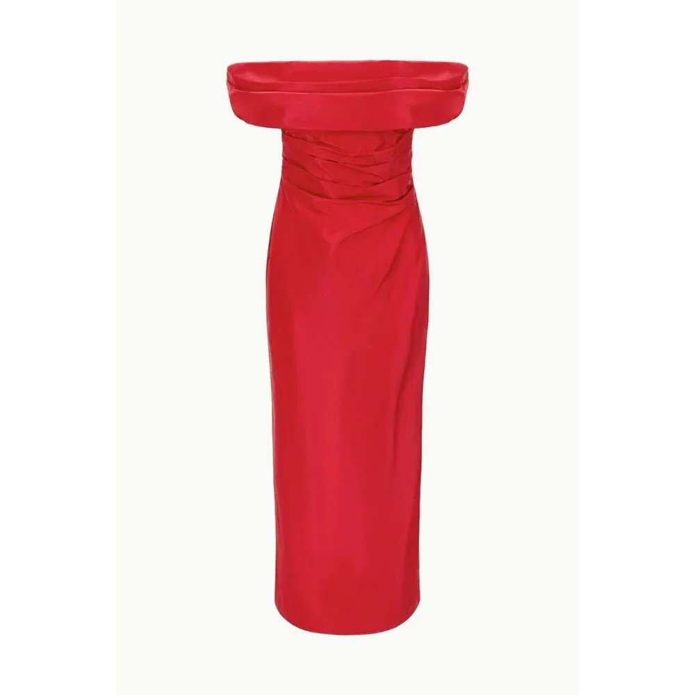 STAUD Andrea Dress Rouge Red Size 2 Off‑Shoulder Taffeta Midi - NWT